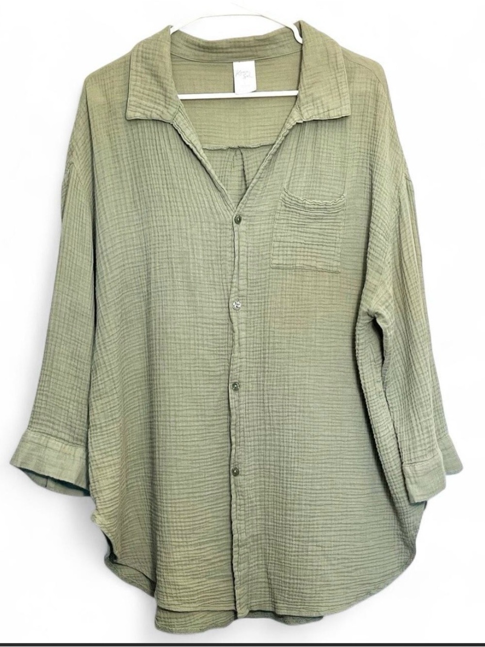 Kona Sol Green Cotton Gauze 3/4 Sleeve Button Up Tunic Large Relaxed Coastal